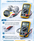 LR41 Button Cell Battery Voltage Testing guide with multimeter showing 1.50V and LR41 batteries visual.