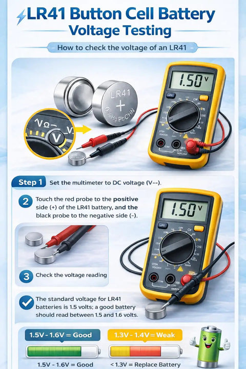 LR41 Button Cell Battery Voltage Testing guide with multimeter showing 1.50V and LR41 batteries visual.