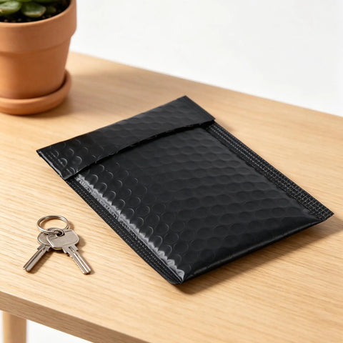 100 Pack 5 By 6 Inch Black Poly Bubble Mailers Self Seal Padded Envelopes next to keys on wooden table