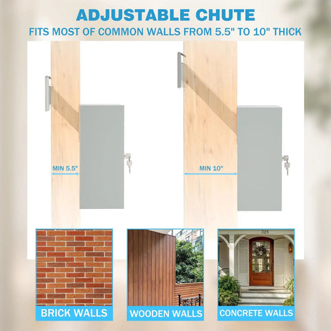 Through Wall Drop Box With Lock For Secure Mail And Payments Wall Mailbox With Rainproof Cover And 10 Inch Adjustable Chute demonstration