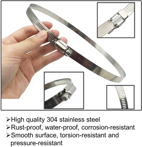 Front view of hand holding 304 stainless steel worm gear hose clamp; adjustable 4-6 inch water pipe clamp, kit of 6