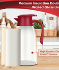 40.5 Oz Thermal Coffee Carafe With Glass Lined Vacuum Insulation in kitchen setting, focus on glass lining and red lid