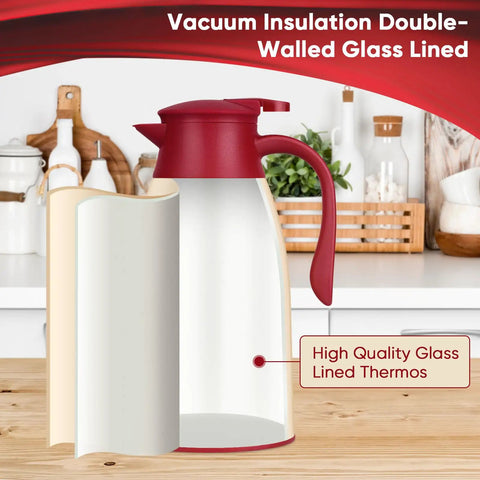 40.5 Oz Thermal Coffee Carafe With Glass Lined Vacuum Insulation in kitchen setting, focus on glass lining and red lid