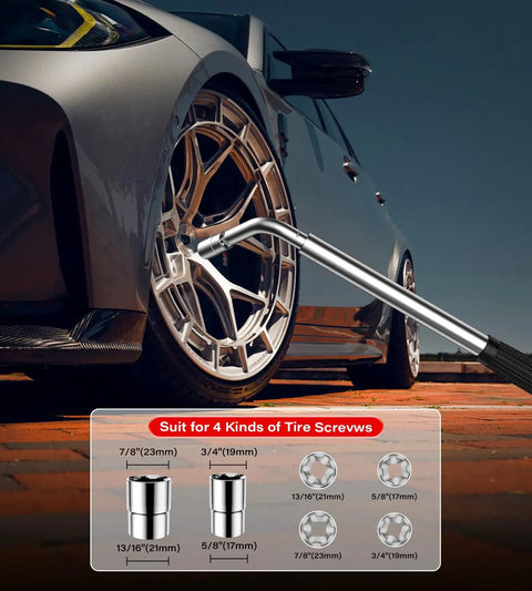 Heavy Duty 2.5 Ton Scissor Car Jack Kit With Tesla And Universal Pads Built Tough High Capacity Auto Lift Tool For Model Y 3 S X Real Deal Garage Essential Black Edition, showing tire wrench with various socket sizes.
