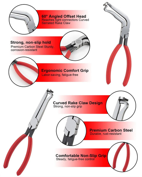 7 Piece Electrical Disconnect Pliers Set With Terminal Pin Removal Tool Kit showing angled offset head and red handles