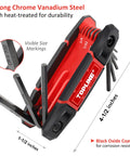Three Pack Folding Allen Wrench Set Includes SAE Metric And Torx Keys, showing red folding set with size markings and dimensions.