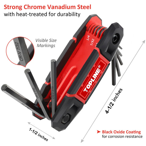 Three Pack Folding Allen Wrench Set Includes SAE Metric And Torx Keys, showing red folding set with size markings and dimensions.
