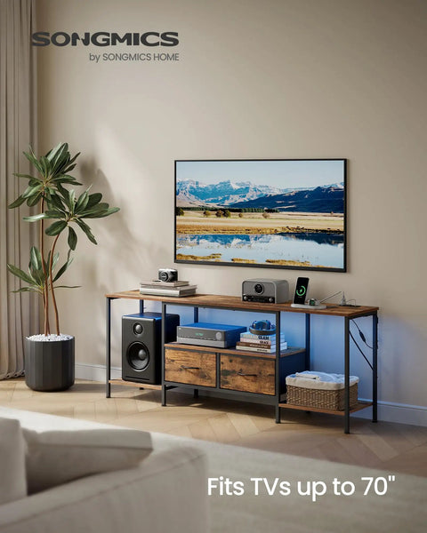 No Sweat Setup Industrial TV Stand With Built In Power Outlets And Chill Led Ambiance Lighting, 70 Inch Media Console For Massive Screens Living Room Storage Shelves Rustic Brown in a modern living room setting.
