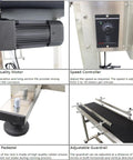 Close-up of Industrial 110V PVC Belt Conveyor With Double Guardrail showing motor, speed controller, pedestal, and adjustable guardrail.
