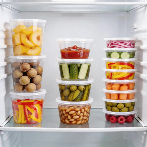Fridge with 60 Count Deli Containers With Lids For Grab And Go Meals, 32 Oz 16 Oz 8 Oz Sets, 20 Each, showcasing various foods.