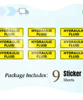 9 Pack Hydraulic Fluid Stickers 6x2 Inch Waterproof Decals With Strong Adhesion And Uv Resistant Anti Scratch Finish For Fuel Tanks Industrial Cans And Outdoor Power Equipment Maintenance Safety Labels displayed on a package.