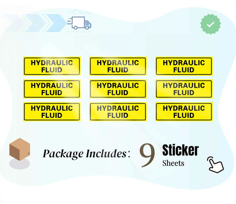 9 Pack Hydraulic Fluid Stickers 6x2 Inch Waterproof Decals With Strong Adhesion And Uv Resistant Anti Scratch Finish For Fuel Tanks Industrial Cans And Outdoor Power Equipment Maintenance Safety Labels displayed on a package.