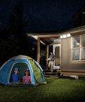 Heavy Hitter Solar Motion Sensor Light With Three Swivel Heads And Solid IP65 Water Resistant Build For Serious Yard Security On Your Driveway Patio Or Garage Wall illuminating kids in tent at night.
