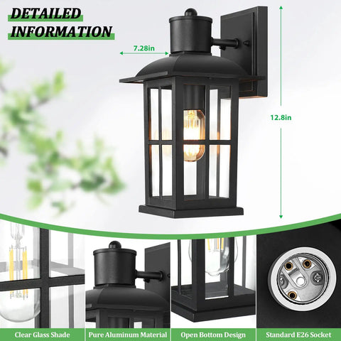 13 Inch Outdoor Wall Lights Two Pack Heavy Duty Matte Black Aluminum Exterior Sconce Fixtures For House Walls Porch Entryway Garage No Fuss Weatherproof With Clear Glass Panels, showcasing details and dimensions
