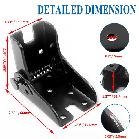Black heavy duty folding table leg bracket with detailed dimensions, smooth 90 degree hinge, arrives fully loaded for DIY projects.