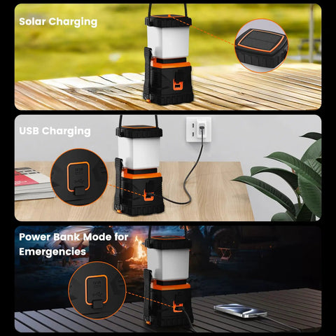 Ultra Bright LED Camping Lantern Rechargeable 1000LM With 5 Lighting Modes IP44 Waterproof showing solar and USB charging