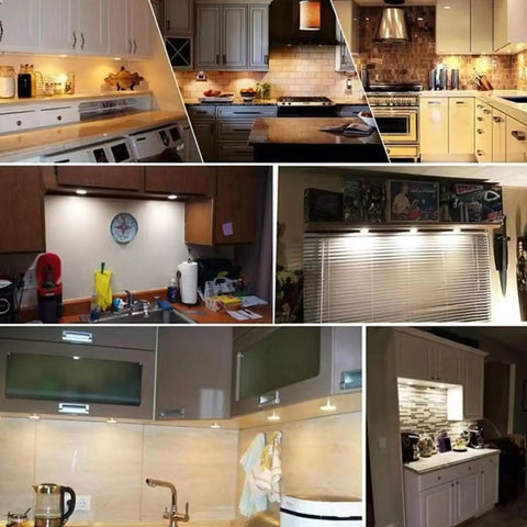 Recessed Light - 5V RGB LED Ultra Thin Lamp, Indoor Outdoor Decoration in various kitchen settings with warm lighting.