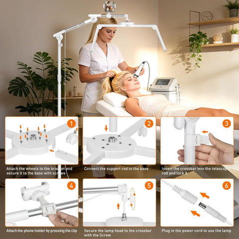 Assembly instructions with Lash Light Half Moon Magnifying Desk Lamp With 10X Optical Glass, showing setup steps.