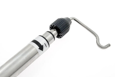 Go-To 27 Inch Telescoping Rotary Tool Holder With Table Clamp For Flex Shaft Hanger Stand, Perfect DIY Setup For Crafting And Metalworking, Durable Stainless Steel Rod, Stable, Handy Tool Support. Close-up of stainless steel rod and hook