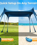 Spacious 10x10 Beach Tent With UPF 50 Sun Shelter Windproof Frame on beach and grassy terrain with sandbags and ground pegs.