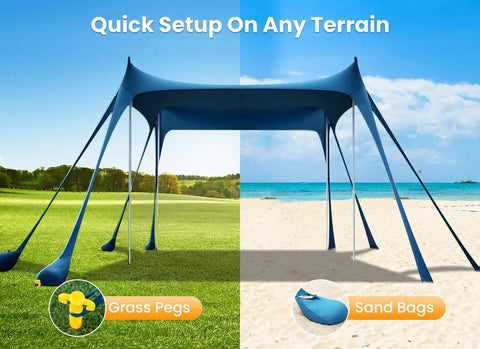 Spacious 10x10 Beach Tent With UPF 50 Sun Shelter Windproof Frame on beach and grassy terrain with sandbags and ground pegs.