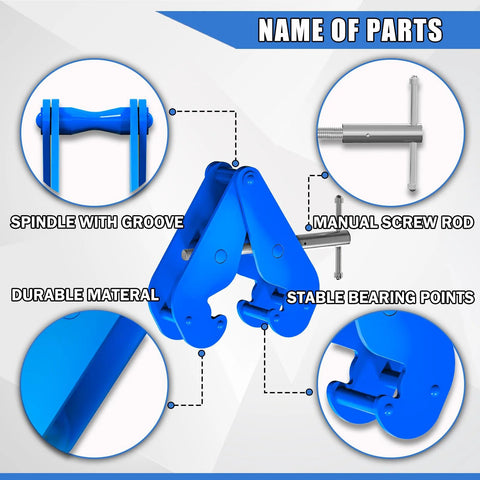 Front view of blue FITHOIST beam clamp with adjustable opening, screw rod, and jaws for I-beam lifting