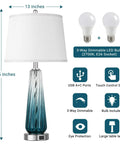 Glass Table Lamps Set Of 2 With Touch Control, 3 Way Dimmable, USB A C Charging, Sleek Teal Gradient Finish, 27.5 Inch Tall, White Shade
