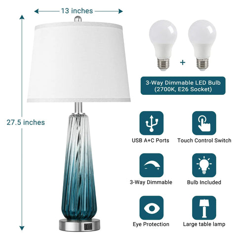 Glass Table Lamps Set Of 2 With Touch Control, 3 Way Dimmable, USB A C Charging, Sleek Teal Gradient Finish, 27.5 Inch Tall, White Shade