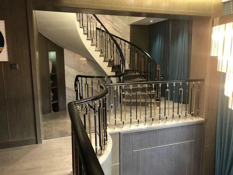 Elegant view of Top Notch Gold Aluminum Stair Balusters With Adjustable Railing Spindles Crafted For Indoor Patio And Deck Use.