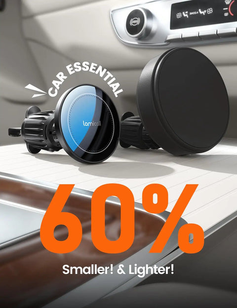 MagSafe Car Mount Charger With 15W Wireless Power, 20X Strong Magnets on car dashboard, showing 60% smaller size