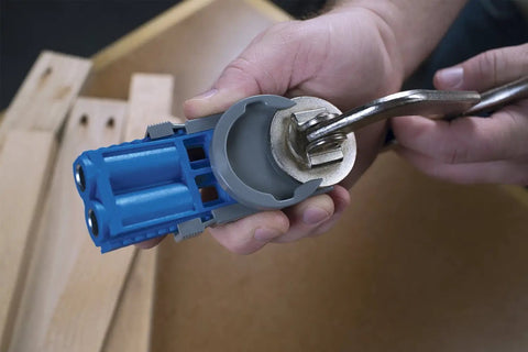 Close-up of R3 Master Pocket Hole Jig System With Starter Screw Kit And Classic 2 Inch Face Clamp in use on woodwork