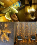 300 LED Curtain String Lights With 8 Modes For Weddings And Parties Warm White Fairy Twinkle hanging outdoors on wooden wall.