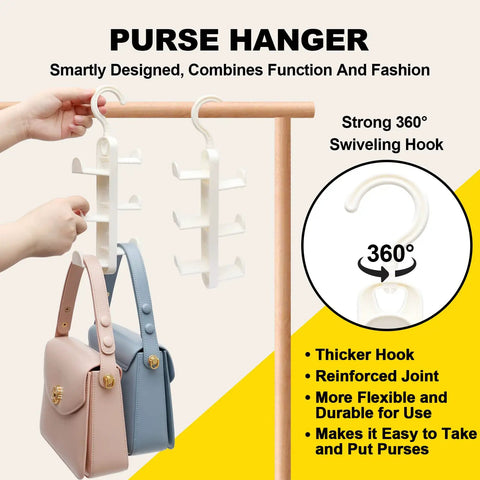 Two Pack Purse Organizer Hanger For Closet Storage Durable Bag Organizer holding two purses with 360° swivel hook on rod.