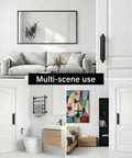 Living room, bathroom, and bedroom scenes with 4 Pack Self Stick Cabinet Handles Pulls No Drill Install ABS Plastic Drawer Pulls.