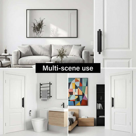 Living room, bathroom, and bedroom scenes with 4 Pack Self Stick Cabinet Handles Pulls No Drill Install ABS Plastic Drawer Pulls.