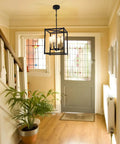 Lantern Pendant Light 4 Light Gold Chandelier With Farmhouse Industrial Cage Frame in cozy hallway.