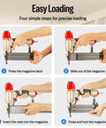 Steps to use the 18 Gauge Pneumatic Brad Nailer Kit with 2000 Nails, showing loading process step-by-step.