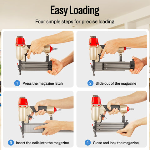 Steps to use the 18 Gauge Pneumatic Brad Nailer Kit with 2000 Nails, showing loading process step-by-step.