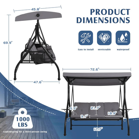 Dimensions of 3 Seat Outdoor Porch Swing With Adjustable Canopy And Convertible Bed included in product diagram.