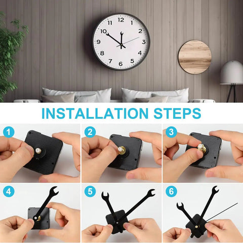 Installation steps for Silent Quartz Wall Clock Movement Kit with hands for DIY repair and craft projects, 6.69-inch size.