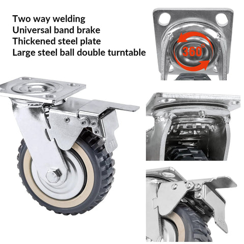 Close-up of 4 Pack 8 Inch Heavy Duty Swivel Caster Wheels, 2 With Brake And 2 Without, steel ball bearing plate, anti-skid PU.