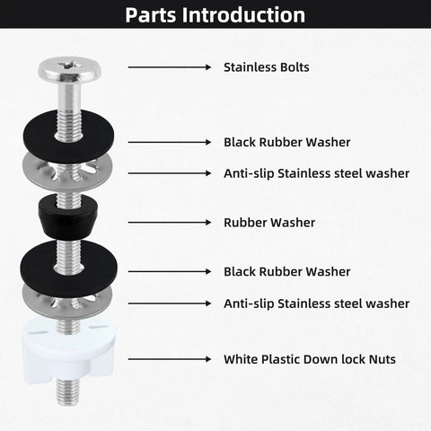 Universal 2Pcs Toilet Seat Bolts Kit For Kohler, American Standard, Toto, And Glacier Bay, 3 Inch Stainless Steel Screws Exploded View