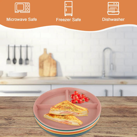 12 Pack Portion Control Divided Plates For Adults, 9 Inch Unbreakable Dinner Plates, reusable diet plates with food in a kitchen.