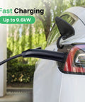 Rock Solid EV Charger Extension Cable With J1772 To Tesla Adapter For Smooth Level Two Charging 40 Amp 20 Foot Electric Vehicle Power Cord connected to Tesla.
