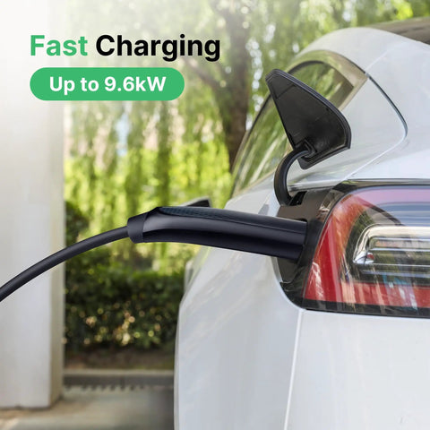 Rock Solid EV Charger Extension Cable With J1772 To Tesla Adapter For Smooth Level Two Charging 40 Amp 20 Foot Electric Vehicle Power Cord connected to Tesla.