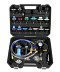 Shop Grade 28 Piece Radiator Pressure Leak Tester And Coolant Refill Tool With Universal Vacuum Adapters in a black case displaying various fittings.