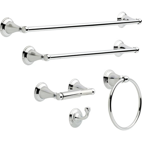 Polished Chrome Single Towel Hook For Bathroom Or Kitchen Built From Zinc With Durable Tarnish Resistant Finish and matching accessories displayed