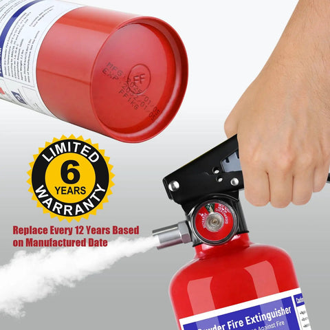 2.5 Lb ABC Dry Chemical Fire Extinguisher With Bracket And Quick Release Handle, showing nozzle and 6-year warranty details.