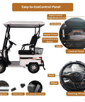 HaoweiH 28 Mile Range Electric Golf Cart Two Seater Mobility Scooter With Powerful 800W Motor showing control panel and steering wheel features.