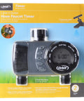 Front view of refurbished digital hose sprinkler timer with two valves for vacation watering, in packaging, easy setup